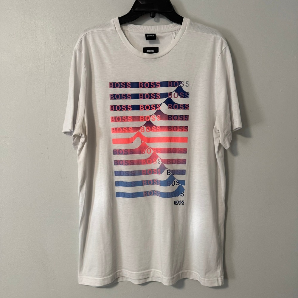 Hugo Boss Bionic Graphic Logo T-Shirt Mens XL White Recycled Cotton Blend Tee
